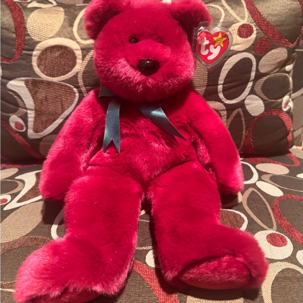 Ty Teddy the Cranberry Beanie Buddy Bear with Green Bow & Gem Ear Band, 1998